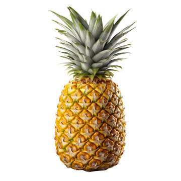 Pineapple with its full body, detailed texture and crown visible, isolated on a clear transparent background.
