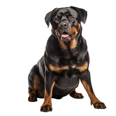 Rottweiler dog stands in full profile view, its muscular body and black fur with tan markings clearly seen against a transparent backdrop.