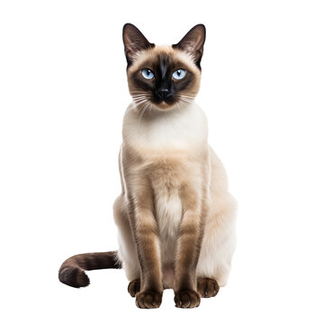 Siamese cat, sleek full body view, clear blue eyes, defined muscles, on transparent background, poised stance, regal.