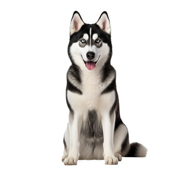 A full-bodied Siberian Husky dog stands gracefully, showcasing its thick fur and striking eyes on a clear transparent background.