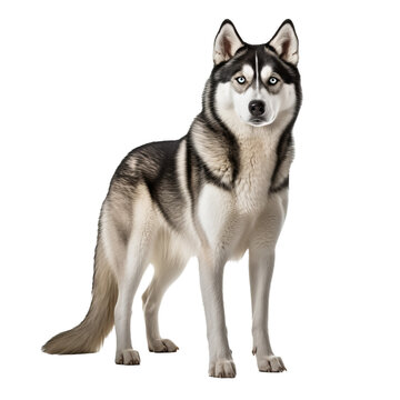 Siberian Husky dog, full body visible, stands alert on a transparent background, showcasing its thick fur and piercing blue eyes.