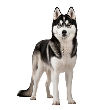 A full-body image of a Siberian Husky dog with a thick coat and piercing eyes, displayed on a clear, transparent background.