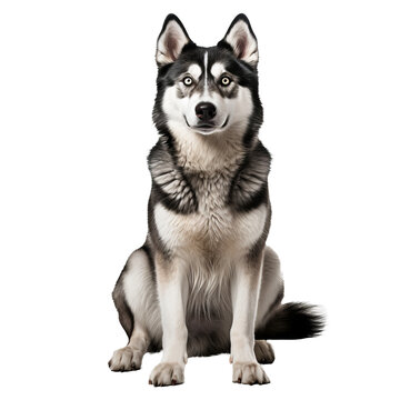 Siberian Husky dog shown in full body, with distinctive thick fur and striking eyes, displayed against a transparent background.