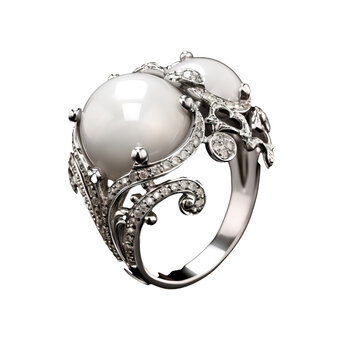 Elegant white fantasy ring, beautifully decorated, showcased on a clear transparent backdrop.