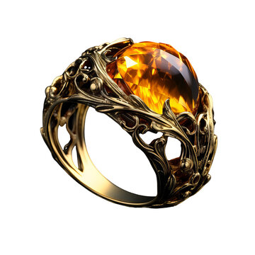 A stunning yellow fantasy ring, beautifully decorated, shines on a transparent backdrop.
