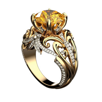 A beautifully decorated yellow fantasy ring, intricate in detail, shines on a transparent backdrop.