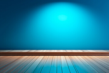 Versatile design backdrop:Blue wall,light reflections,and wooden floor,perfect for product presentations and creative designs. Bright image. 