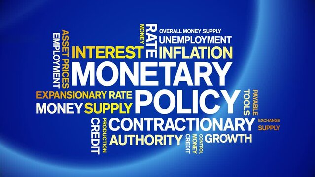 Monetary Policy animated tag word cloud;text design animation kinetic typography seamless loop.