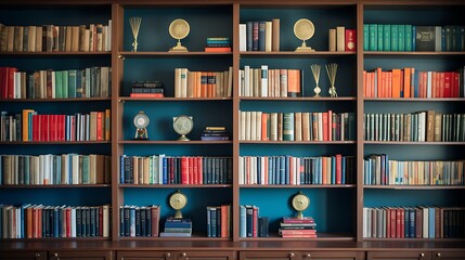 A library with a wall of literary awards and accolades.