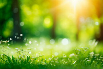 Obraz premium Blurred green trees in a forest or park with wild grass and sunlight. Scenic summer-spring natural background.