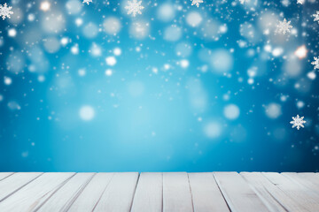 Snowy winter stage with wooden flooring, Christmas lights on a blue backdrop. Banner format, bright image, and ample copy space. 