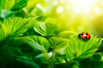 Nature's canvas: Wide-format background with sunlit fresh green leaves and a ladybug. Ample space for text. Bright image. 