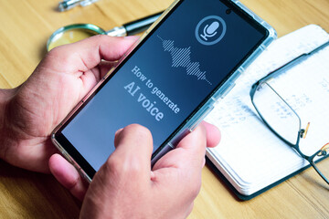 Close up of a man hand holding his smartphone screen showing message how to generate AI voice. Selective focus, generative artificial intelligence concept.
