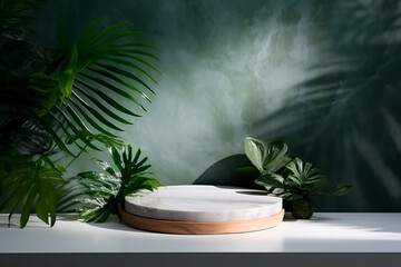 Obraz na płótnie Canvas Distinctive product presentation backdrop: Marble pedestal, green twigs on wood base, tropical leaf shadows on wall, blending nature and elegance. Bright image. 