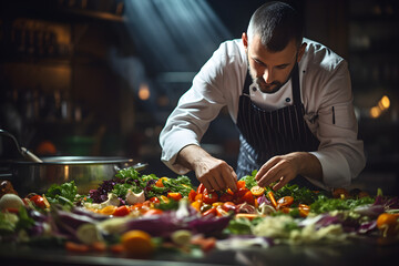 A male chef is preparing a vegetarian vegetable dish in a professional kitchen, - obrazy, fototapety, plakaty