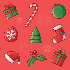 Cartoon hand drawn Christmas symbols set clipart. Christmas symbols collection banner poster holiday design. Merry Christmas Happy New Year card design background art 2024