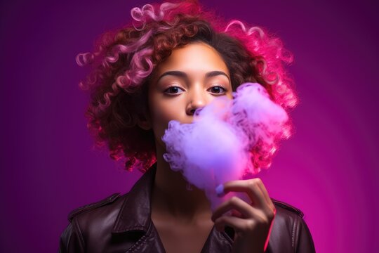 woman with colorful hair blowing a bubble.