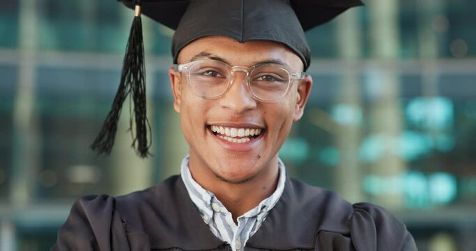 Face, outdoor and man with graduation, education and celebration with cap, robe or university. Portrait, person and academic with student, happiness or achievement with degree, success or scholarship