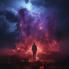 Fototapeta premium A shadowy figure on a cliff releasing blue energy transforming into red energy dissapating into a lavender haze. AI generative