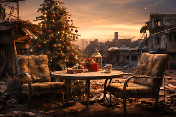Post-apocalyptic Christmas, tree with lights, empty chairs, ruins, nuclear destruction