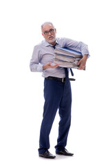 Old businessman holding papers isolated on white