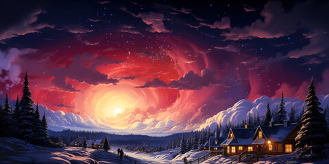 Winter snow village landscape painting, sunset, night, banner, background
