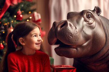 Girl with a hippopotamus, Christmas tree in background, presents, holiday season