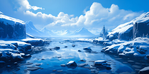 Winter white and blue snow landscape painting, frozen water lake, mountains, banner, background
