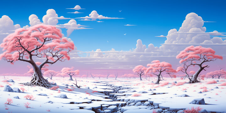 Winter white snow fantasy landscape painting, pink trees, blue sky, banner, background