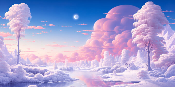 Winter white snow science fiction fantasy landscape painting,  fluffy trees and clouds, river, night, banner, background