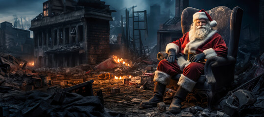 Post-apocalyptic Christmas, Santa Claus sits in a chair in the ruins, night, wide banner, nuclear destruction, copyspace - obrazy, fototapety, plakaty