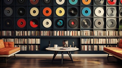 A library with a wall of vinyl records and a turntable for listening to music.