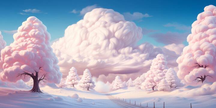 Winter white snow fantasy landscape, fluffy cotton candy trees and clouds, banner, background