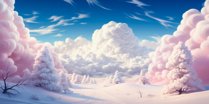 Winter white snow fantasy landscape, fluffy clouds, banner, background, marshmallow style