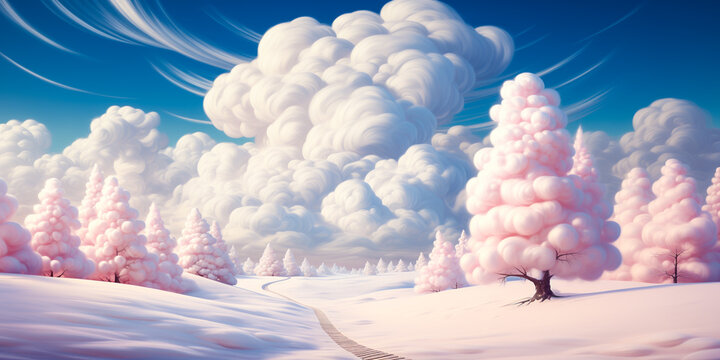 Winter white snow fantasy landscape, fluffy clouds, banner, background, marshmallow style