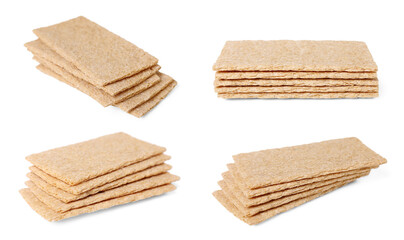 Tasty crunchy crispbreads on white background, collection
