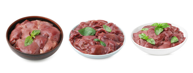 Fresh chicken liver in bowls isolated on white, collection