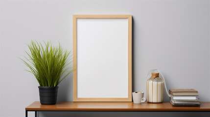 Wood Frame Poster Frame Mockup in Natural Modern Living Room Shelf, Full of Plants, Decor and Decorations, Generative AI
