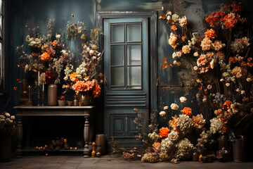 Fototapeta na wymiar Autumn flowers decorate a wall at a photo shoot backdrop. AI generative