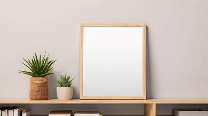 Wood Frame Poster Frame Mockup in Natural Modern Living Room Shelf, Full of Plants, Decor and Decorations, Generative AI