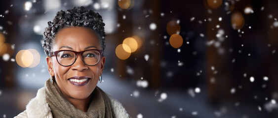 Winter themed senior wearing glasses with room for copy space created with Generative AI technology