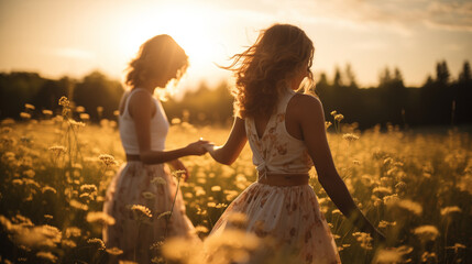 Friendship concept: In a sun-drenched meadow, two young women with slim, curly hair stand side by side, facing a radiant sun.