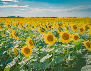 Picture of a sunflower field that fills the area in the afternoon. They are brilliant yellow and are in full bloom with warm light on a sunny day. The stems are tall and have large green leaves