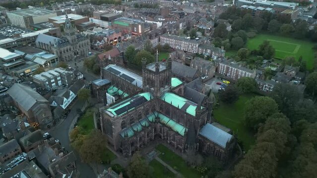 Chester Cathedral recorded by drone - North West UK, Cheshire