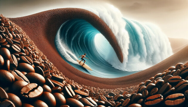 An image of a surfer navigating a gigantic wave, where both the wave and the surfboard are artistically composed of coffee beans - Generative AI