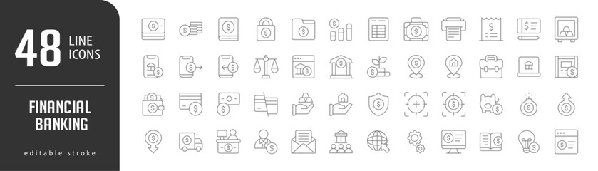 Financial BankingLine Editable stoke Icons set. Vector illustration in modern thin lineal icons types: Coins, Book, Security, Folder, Statistic,  and more.
