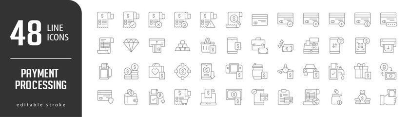 Payment ProcessingLine Editable stoke Icons set. Vector illustration in modern thin lineal icons types: Bill, Bill Success, Bill Cancel, Bill Attention, Rent house,  and more.