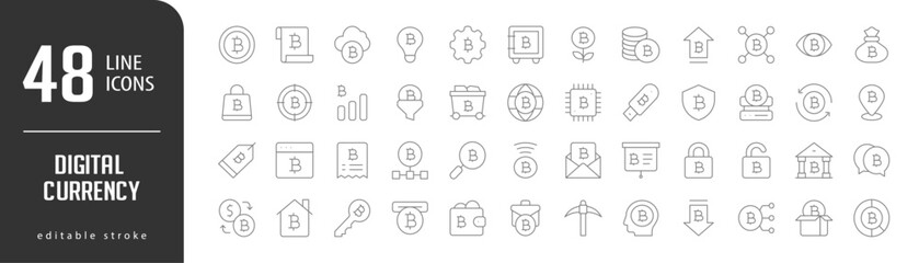 Digital CurrencyLine Editable stoke Icons set. Vector illustration in modern thin lineal icons types: Bitcoin, Script, Bulb, Cloud, Gear,  and more.