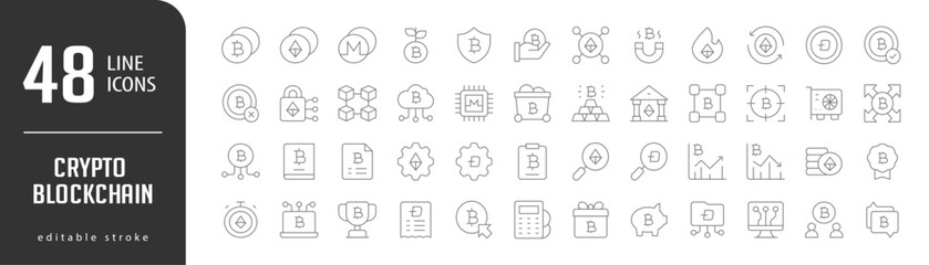 Crypto BlockchainLine Editable stoke Icons set. Vector illustration in modern thin lineal icons types: Users, Bitcoin, Ethereum, Monero, Invest,  and more.