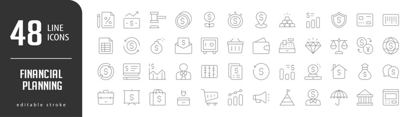 Financial PlanningLine Editable stoke Icons set. Vector illustration in modern thin lineal icons types: Growth, Money, Investment, Stopwatch, Ingot,  and more.